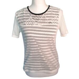 Alfred Dunner Women's Petite Black & White Striped Shirt Mesh Overlay Size PS